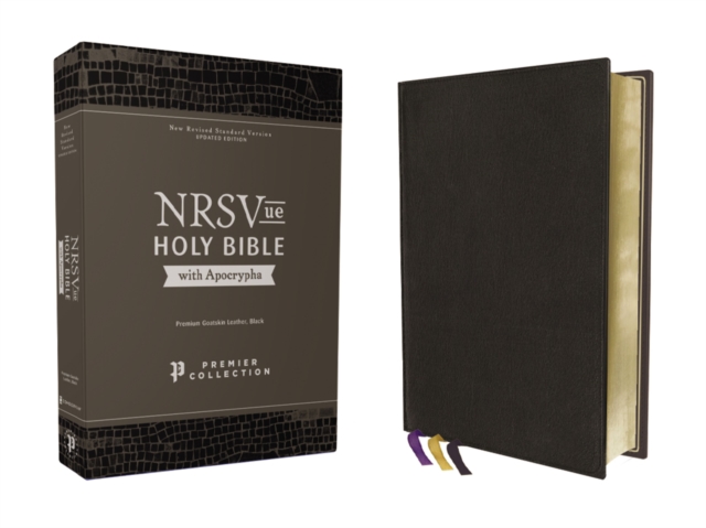 NRSVue, Holy Bible with Apocrypha, Premium Goatskin Leather, Black, Premier Collection, Art Gilded Edges, Comfort Print, Leather / fine binding Book
