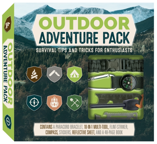 Outdoor Adventure Pack : Survival Tips and Tricks for Enthusiasts - Contains a Paracord Bracelet, 10-in-1 Multi-tool, Flint-striker, Compass, Stickers, Reflective Sheet, and a 48-page Book, Kit Book