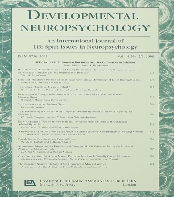 Gonadal Hormones and Sex Differences in Behavior : A Special Issue of developmental Neuropsychology, EPUB eBook