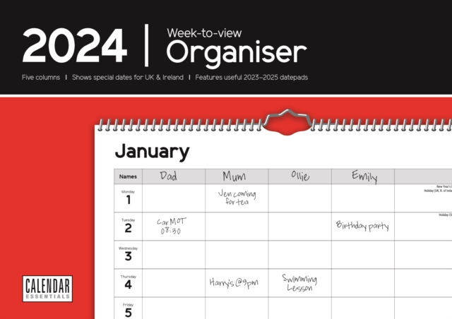 Essential Family Organiser Week-to-View Planner A4 Calendar 2024, Calendar Book