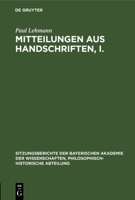 Mitteilungen aus Handschriften, I., PDF eBook