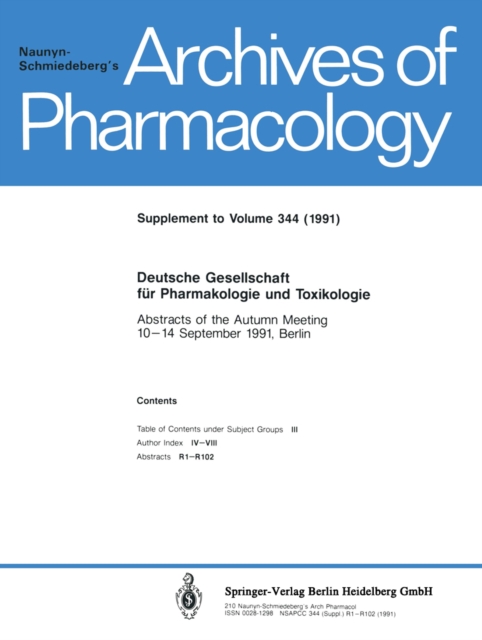 Deutsche Gesellschaft fur Pharmakologie und Toxikologie : Abstracts of the Autumn Meeting 10-14 September 1991, Berlin, PDF eBook