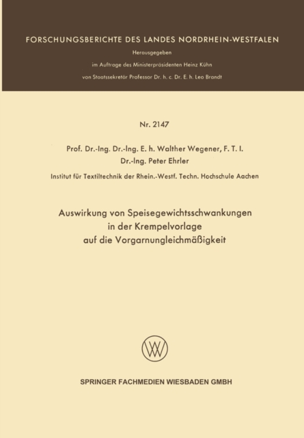 Auswirkung von Speisegewichtsschwankungen in der Krempelvorlage auf die Vorgarnungleichmaigkeit, PDF eBook